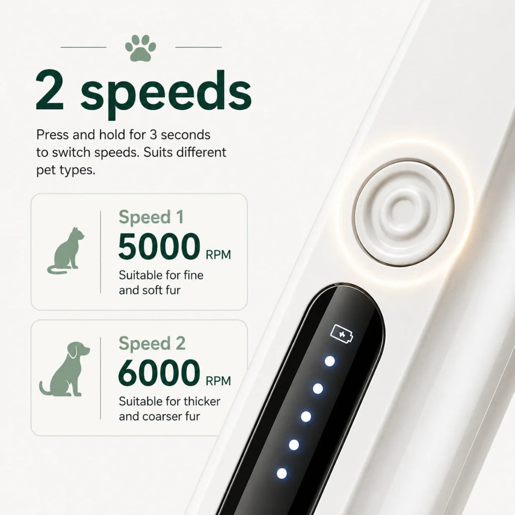 Dual speed settings on a pet hair trimmer featuring 5000 RPM for cats and 6000 RPM for dogs.
