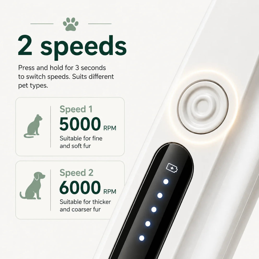 Dual speed settings on a pet hair trimmer featuring 5000 RPM for cats and 6000 RPM for dogs.