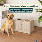 A stylish Petifo elevated feeding station with dual stainless steel bowls, designed to keep the feeding area clean and organized.
