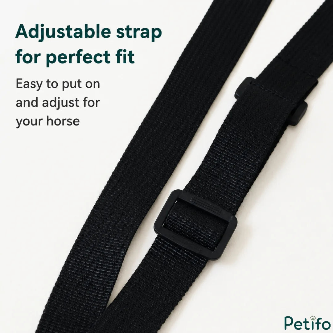 Close-up of durable black adjustable straps and plastic buckle on an equestrian hay bag.