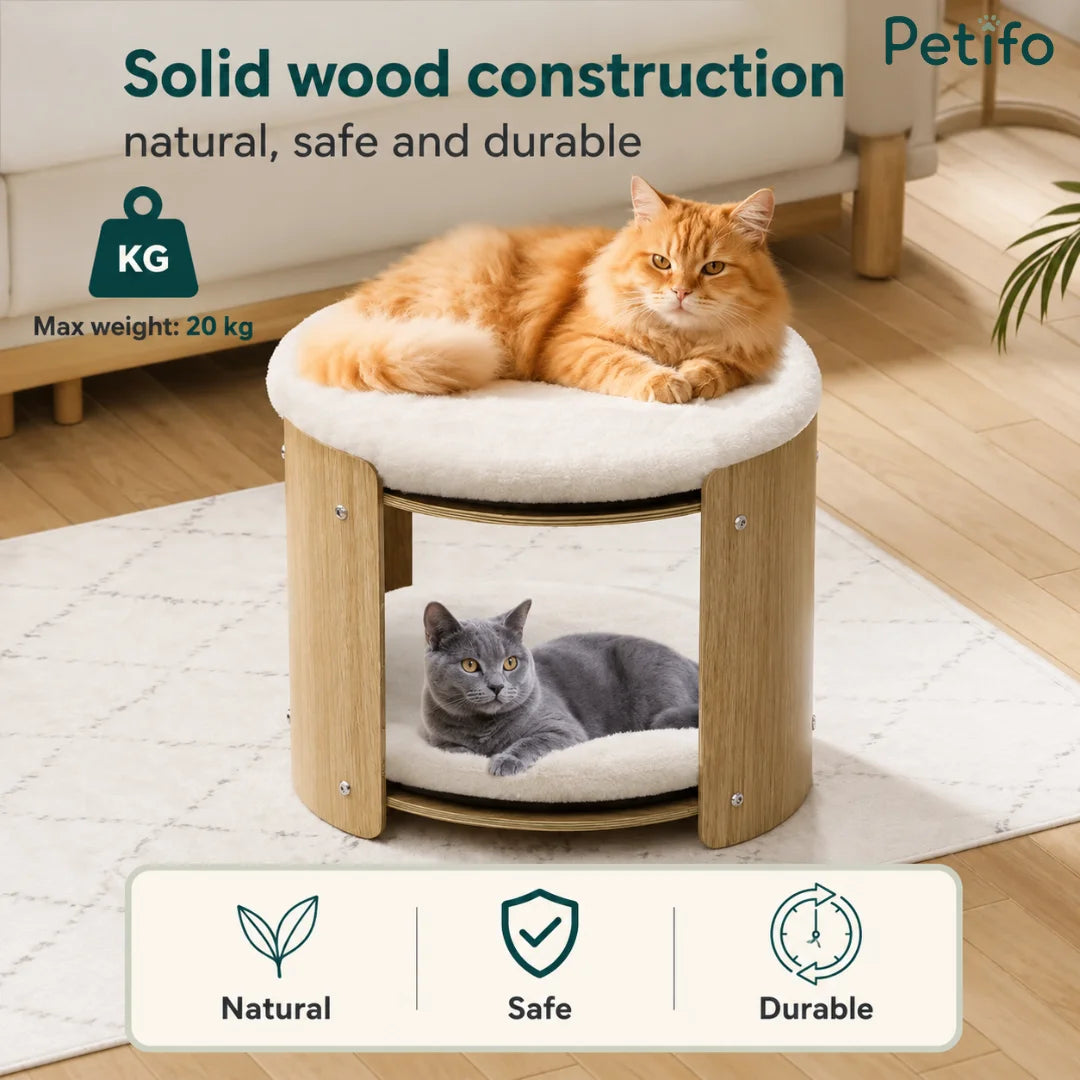 A durable solid wood two-tier cat tower with a 20 kg weight capacity and natural, safe materials.