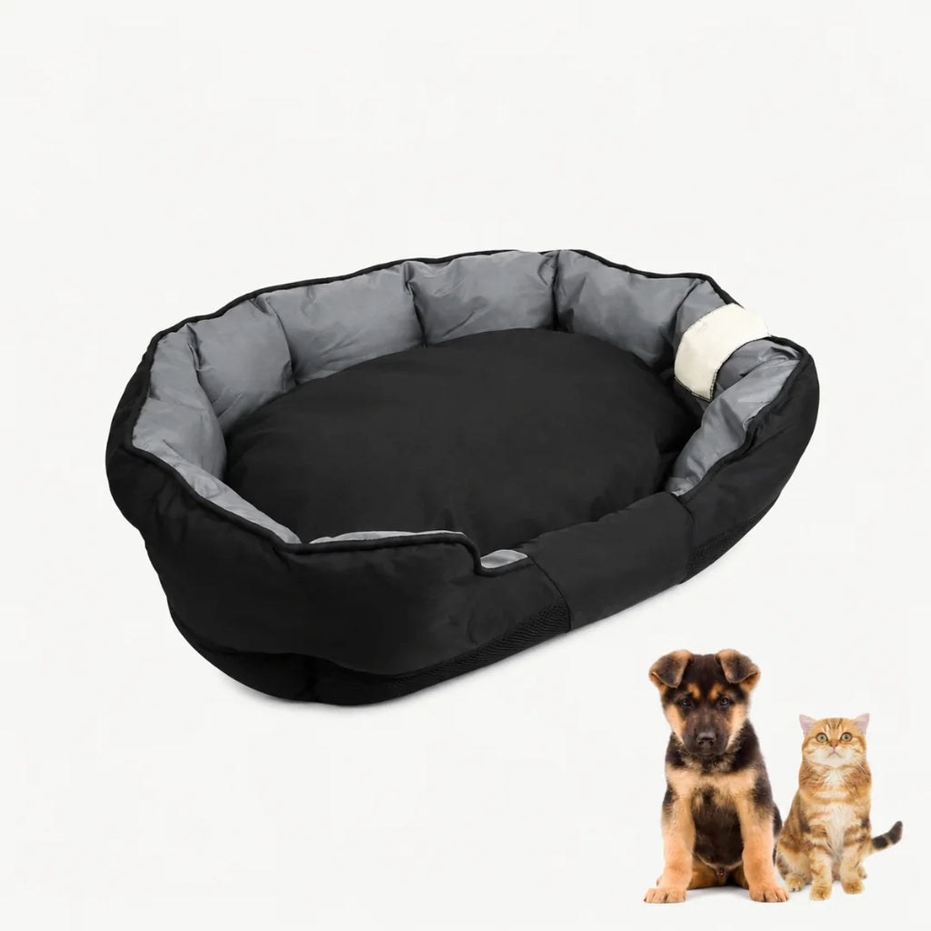 Durable black and grey rectangular pet bed suitable for dogs and cats.