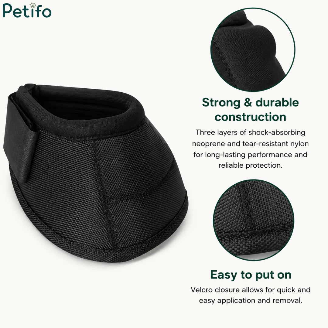Durable black horse bell boot highlighting its three-layer construction and Velcro closure