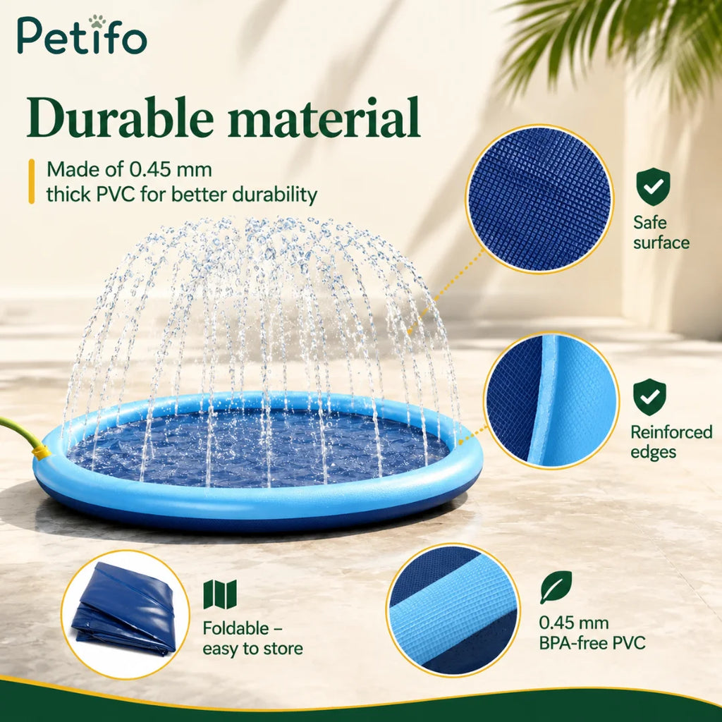 Infographic detailing the durable, safe, and foldable 0.45 mm BPA-free PVC material of the dog pool.