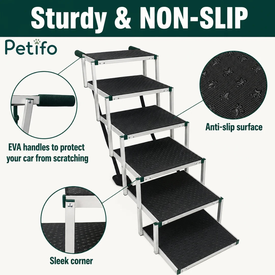 Detailed view of Detixy sturdy, non-slip dog stairs featuring EVA protective handles and anti-slip surface texture.