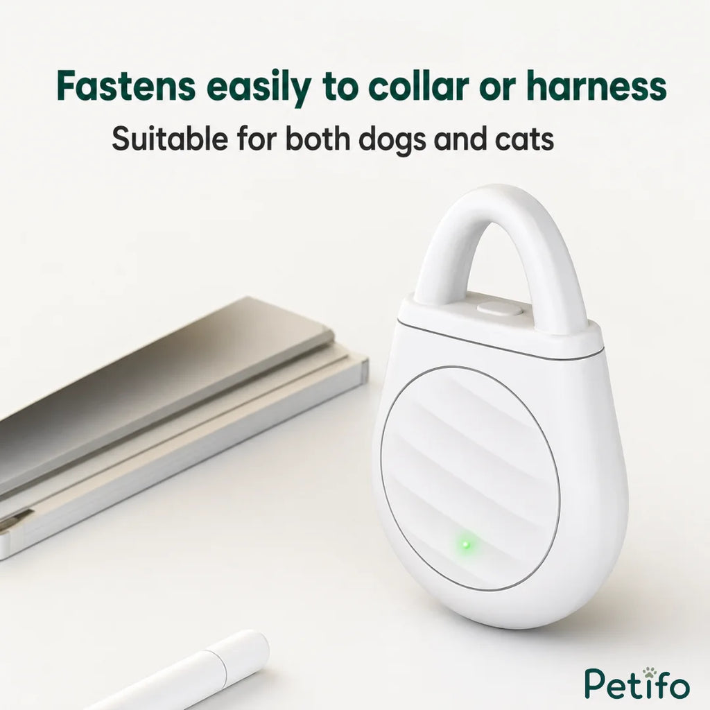  White ultrasonic tick and flea repellent tag designed to easily fasten to pet collars and harnesses.