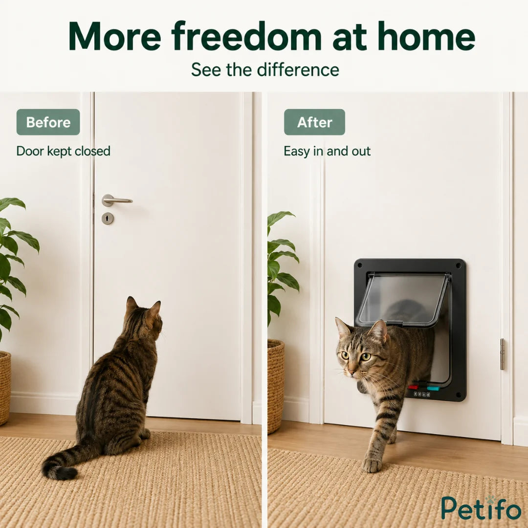 Before-and-after comparison showing a cat waiting at a closed interior door versus easily walking through the installed pet flap.