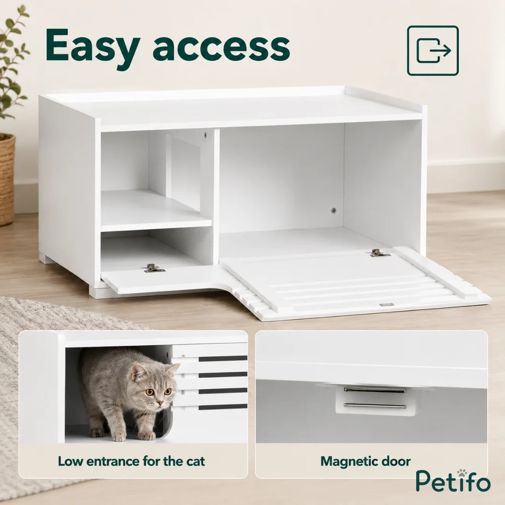 An infographic highlighting the easy-access features of the Petifo cabinet, including a low cat entrance for convenience and a secure magnetic door closure.