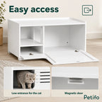 An infographic highlighting the easy-access features of the Petifo cabinet, including a low cat entrance for convenience and a secure magnetic door closure.