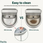 Visual comparison of the stainless steel water bowl showing how the convenient drain plug works for easy cleaning.