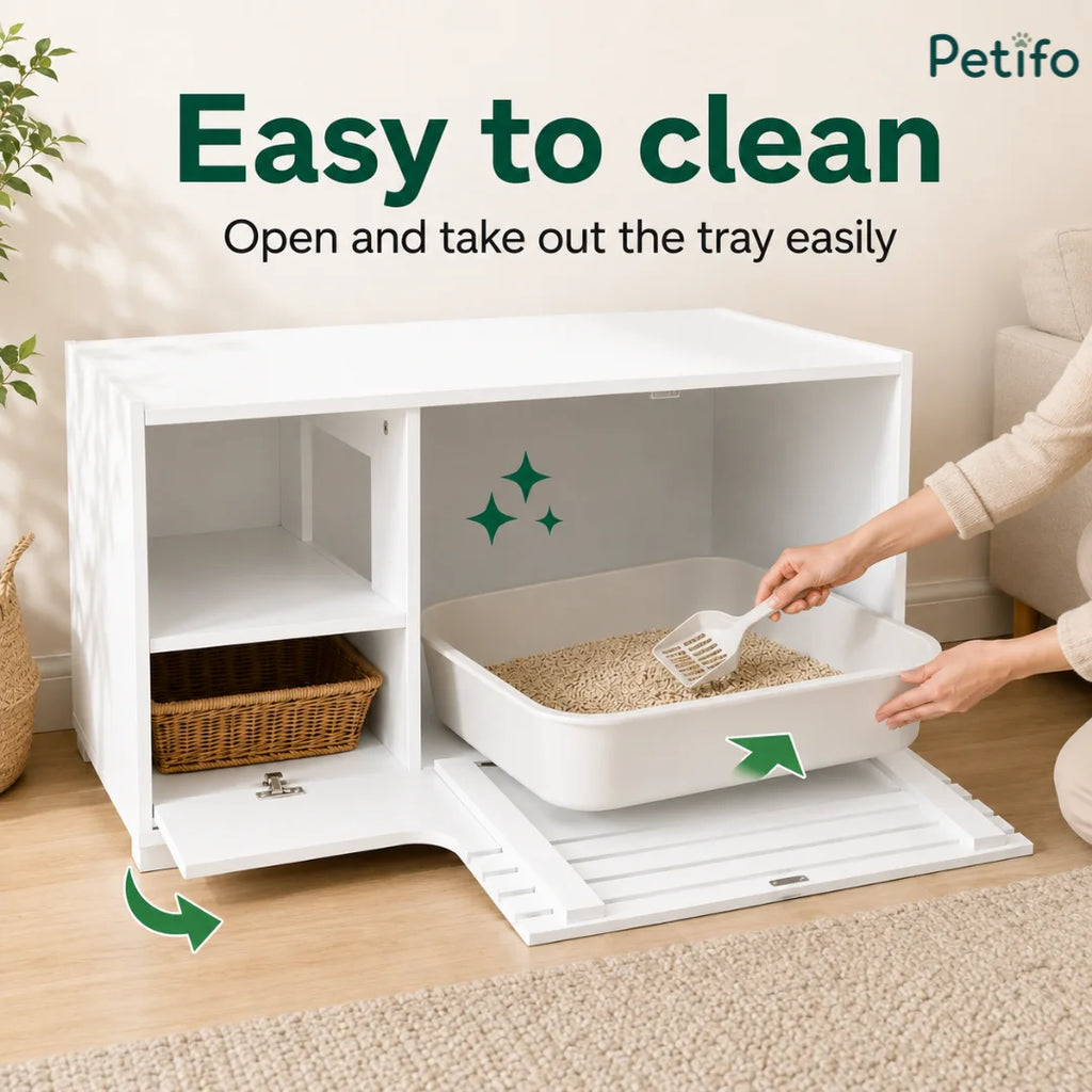 An infographic demonstrating how easy the unit is to clean, showing a person opening the front door and sliding out the litter tray for maintenance.