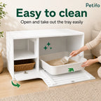 An infographic demonstrating how easy the unit is to clean, showing a person opening the front door and sliding out the litter tray for maintenance.