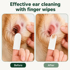 Before and after close-up comparison of a pet's ear showing effective dirt and wax removal using ear wipes.