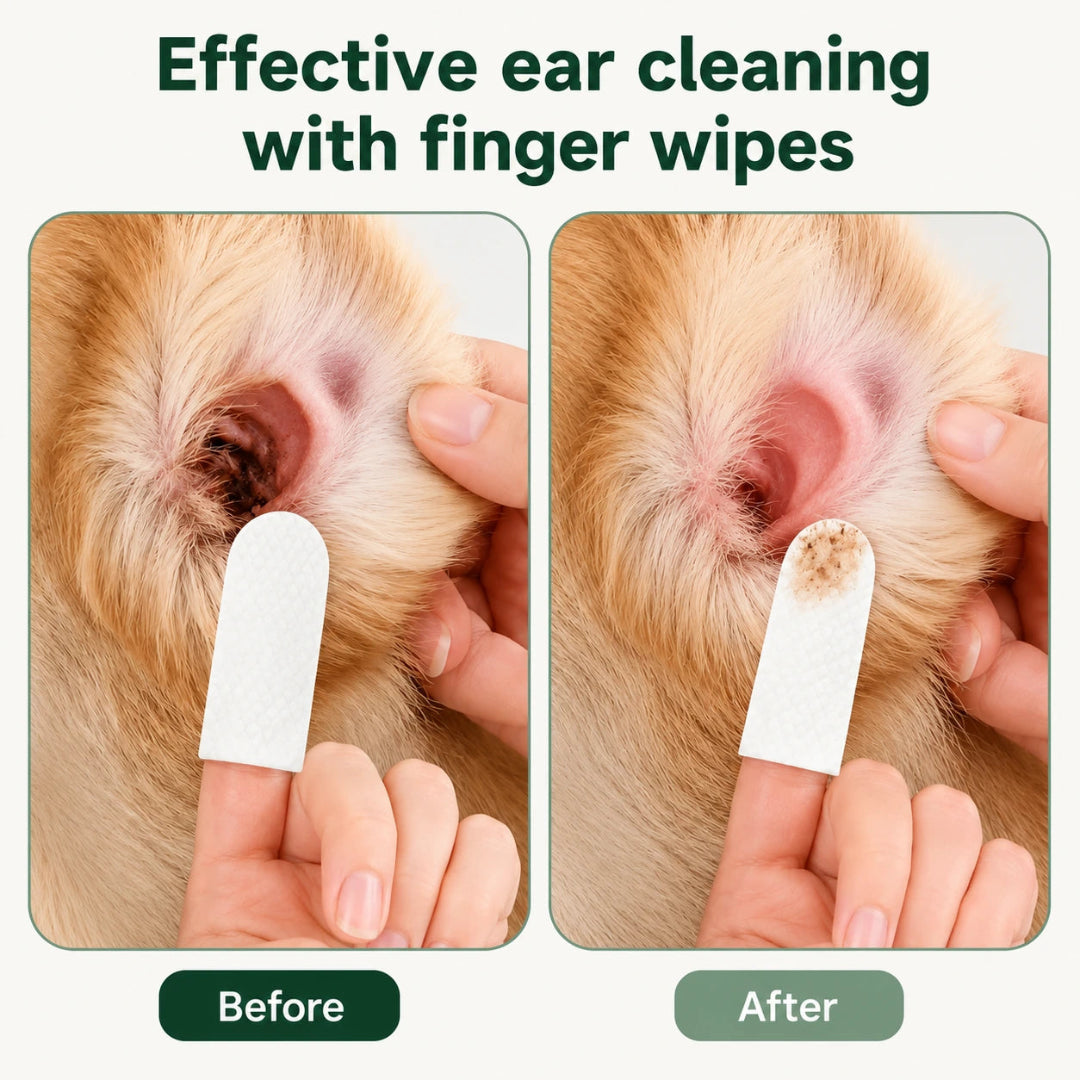 Before and after close-up comparison of a pet's ear showing effective dirt and wax removal using ear wipes.