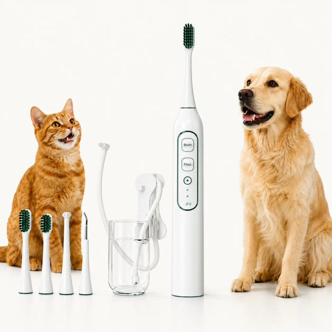 Electric pet toothbrush and water flosser kit with replacement heads next to an orange cat and Golden Retriever dog.
