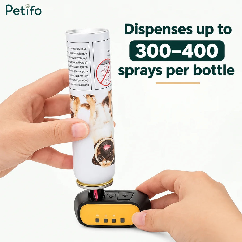 Hands demonstrating how to refill the electronic dog training collar using a spray canister.