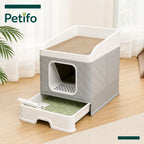Petifo enclosed litter box featuring a pull-out bottom tray for easy cleaning and a top scratching surface.