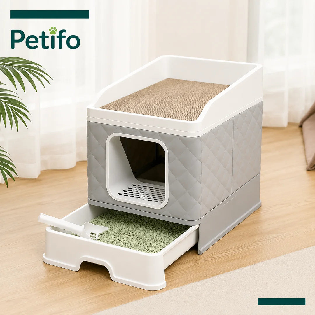 Petifo enclosed litter box featuring a pull-out bottom tray for easy cleaning and a top scratching surface.