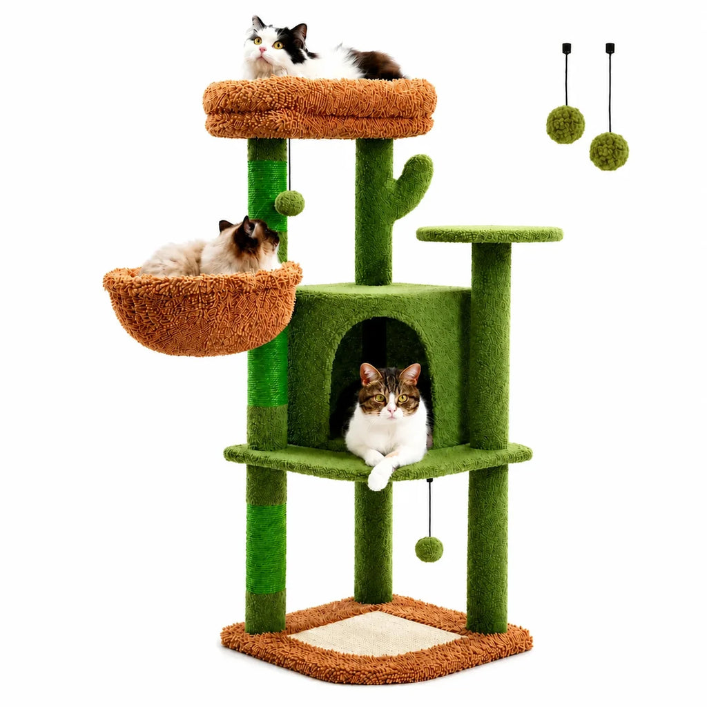 This cactus-themed multi-level cat tree features plush perches, a cozy hideaway, and hanging toy balls for feline entertainment.