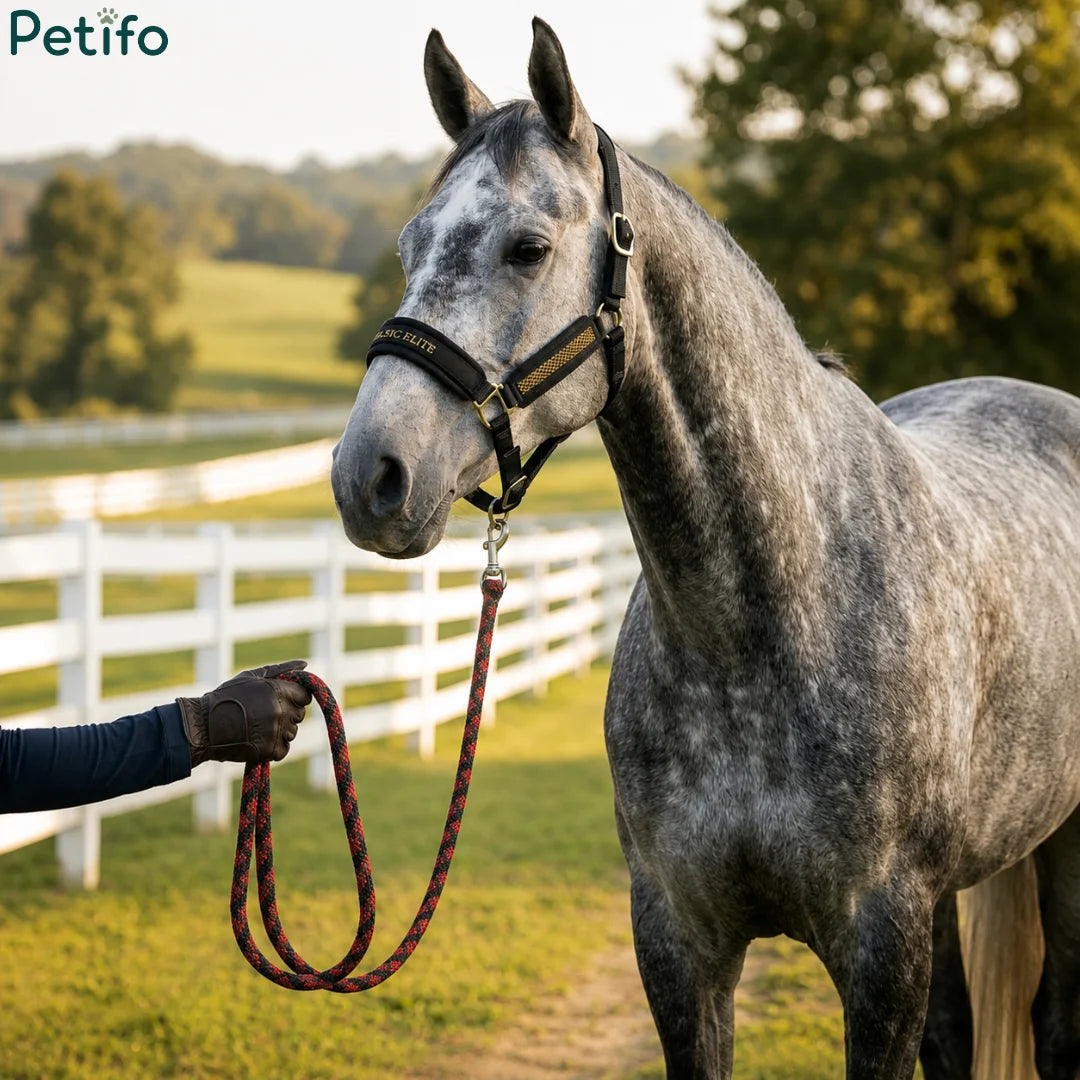 Grey speckled horse wearing an equestrian halter being led outdoors near a white fence.