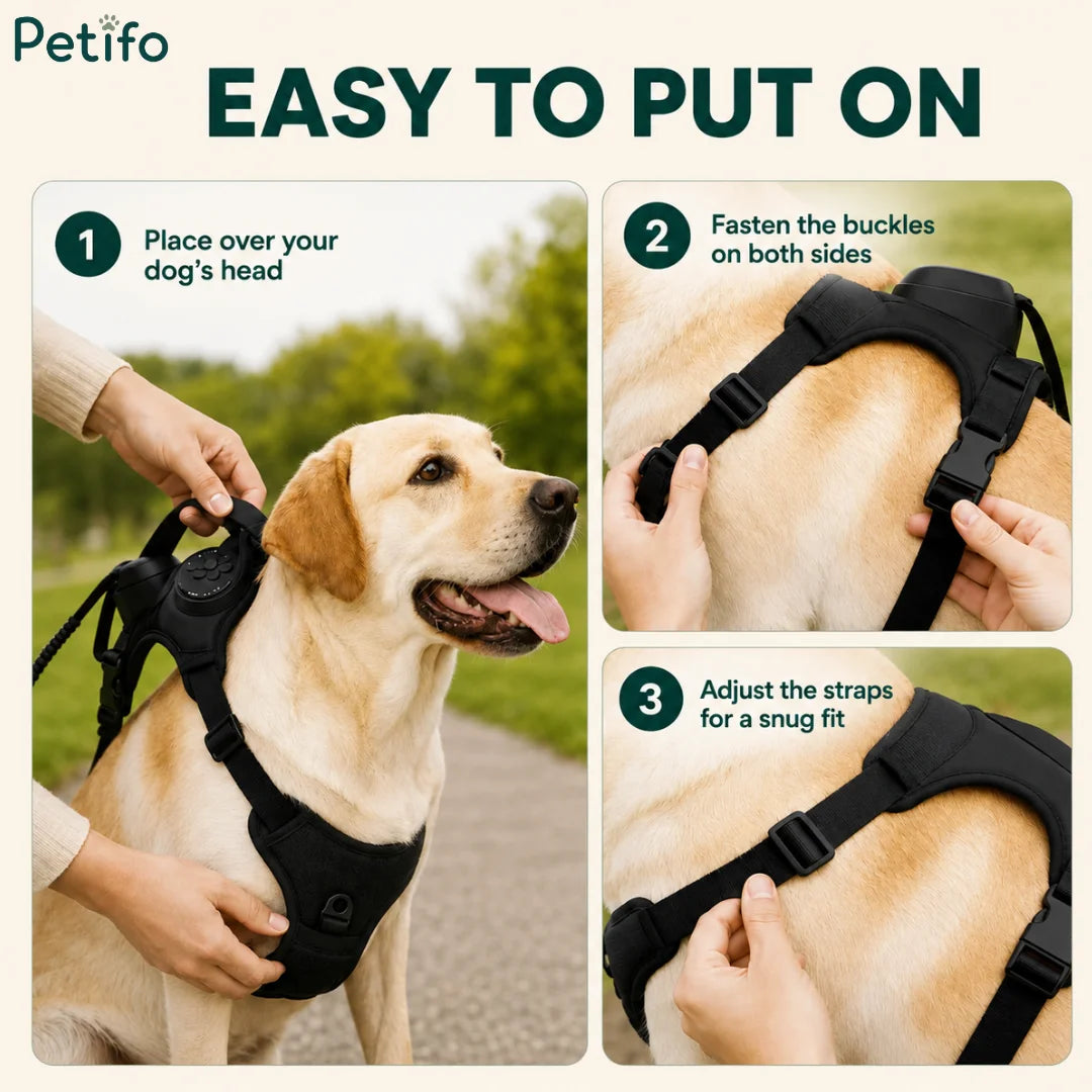 Product comparison infographic highlighting the ergonomic benefits of the inbuilt back harness design against standard collars and leashes.