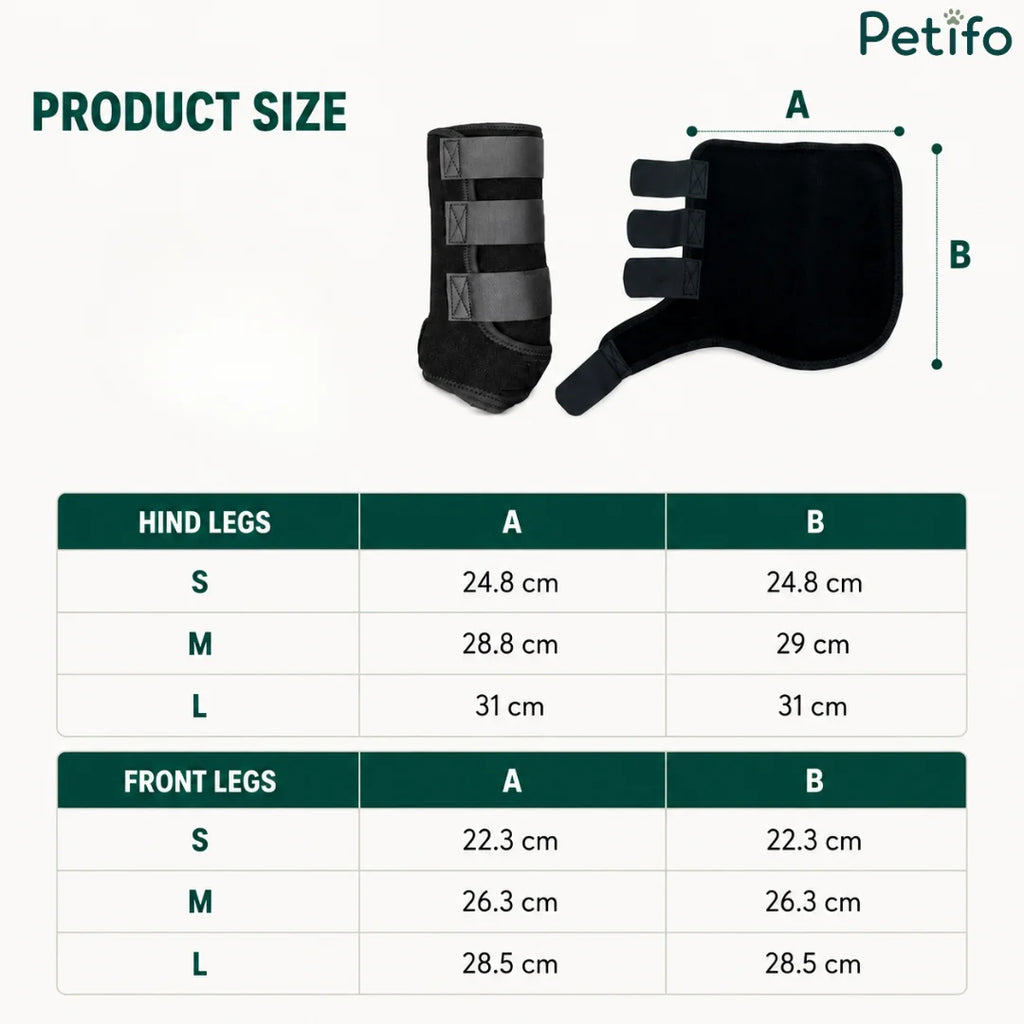 Product sizing chart showing exact dimensions for hind and front horse leg boots in sizes small, medium, and large.