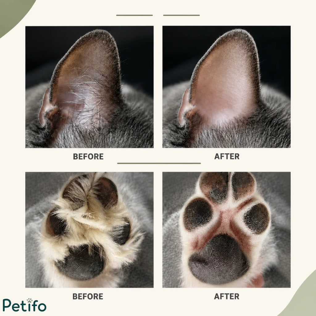 Before-and-after comparison showing cat ears and paw pads trimmed clean of excess fur.