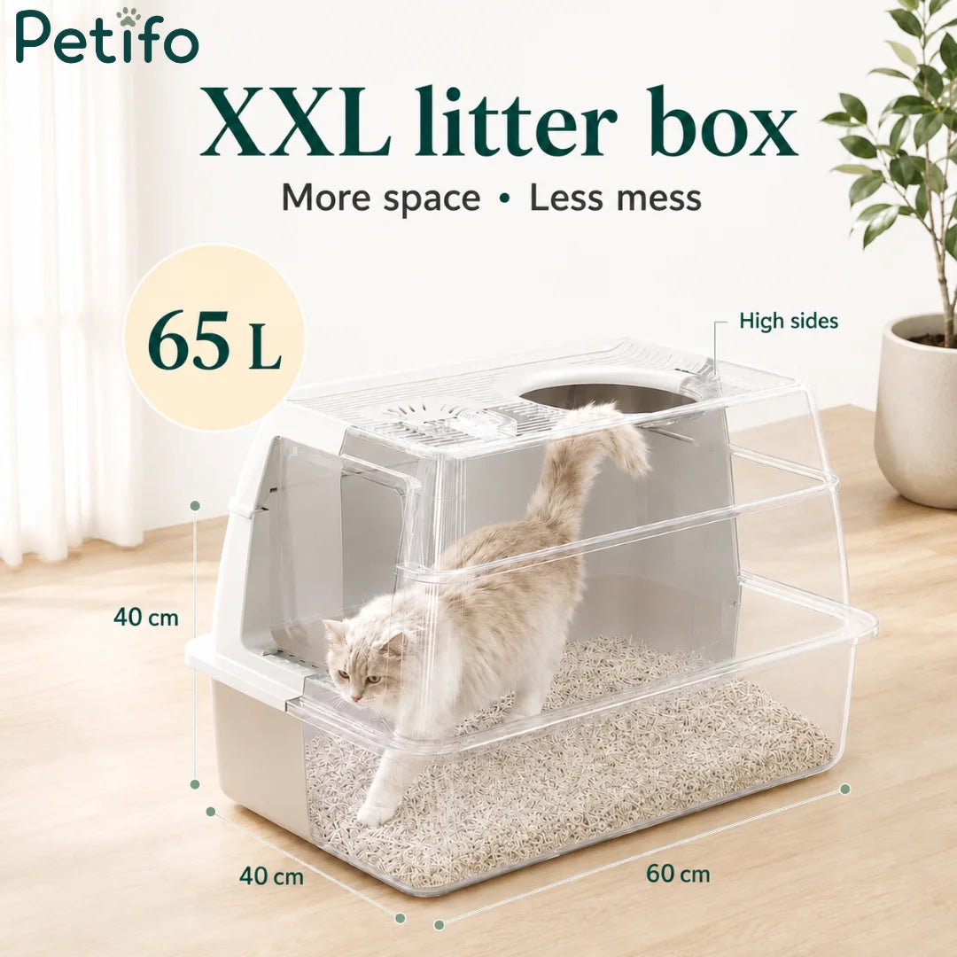 Extra-large 65L cat litter box with high sides, measuring 60cm by 40cm, providing spacious comfort for cats.