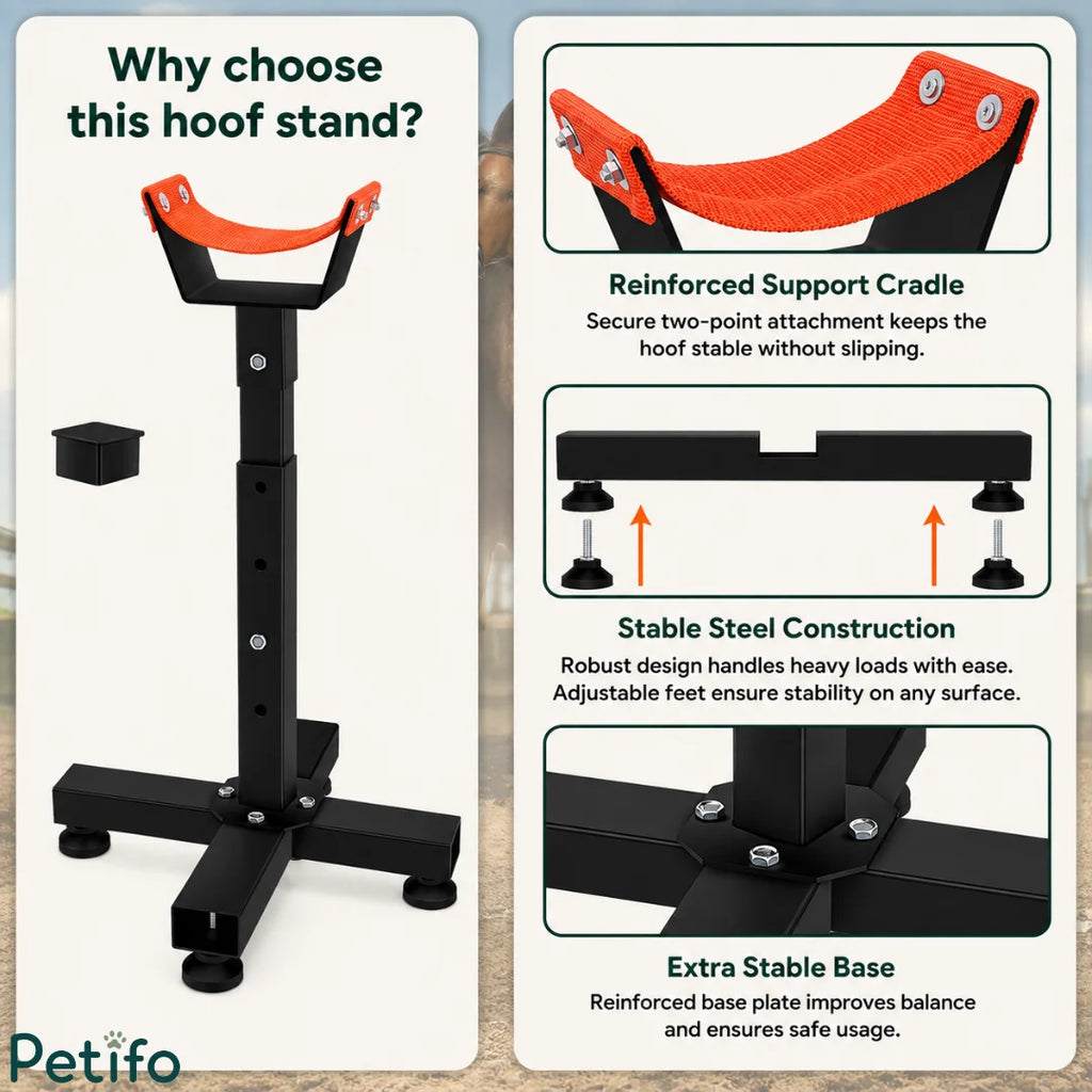 Feature highlights diagram showcasing the reinforced cradle, stable steel construction, and extra stable base of the hoof stand.