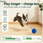 A dog running indoors next to a blue interactive ball with feature icons for all-day play and battery life comparison graphs.