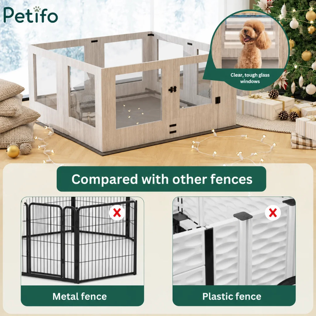 Feature comparison infographic demonstrating why our glass-paneled wooden pet fence is superior to metal or plastic alternatives.