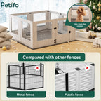 Feature comparison infographic demonstrating why our glass-paneled wooden pet fence is superior to metal or plastic alternatives.