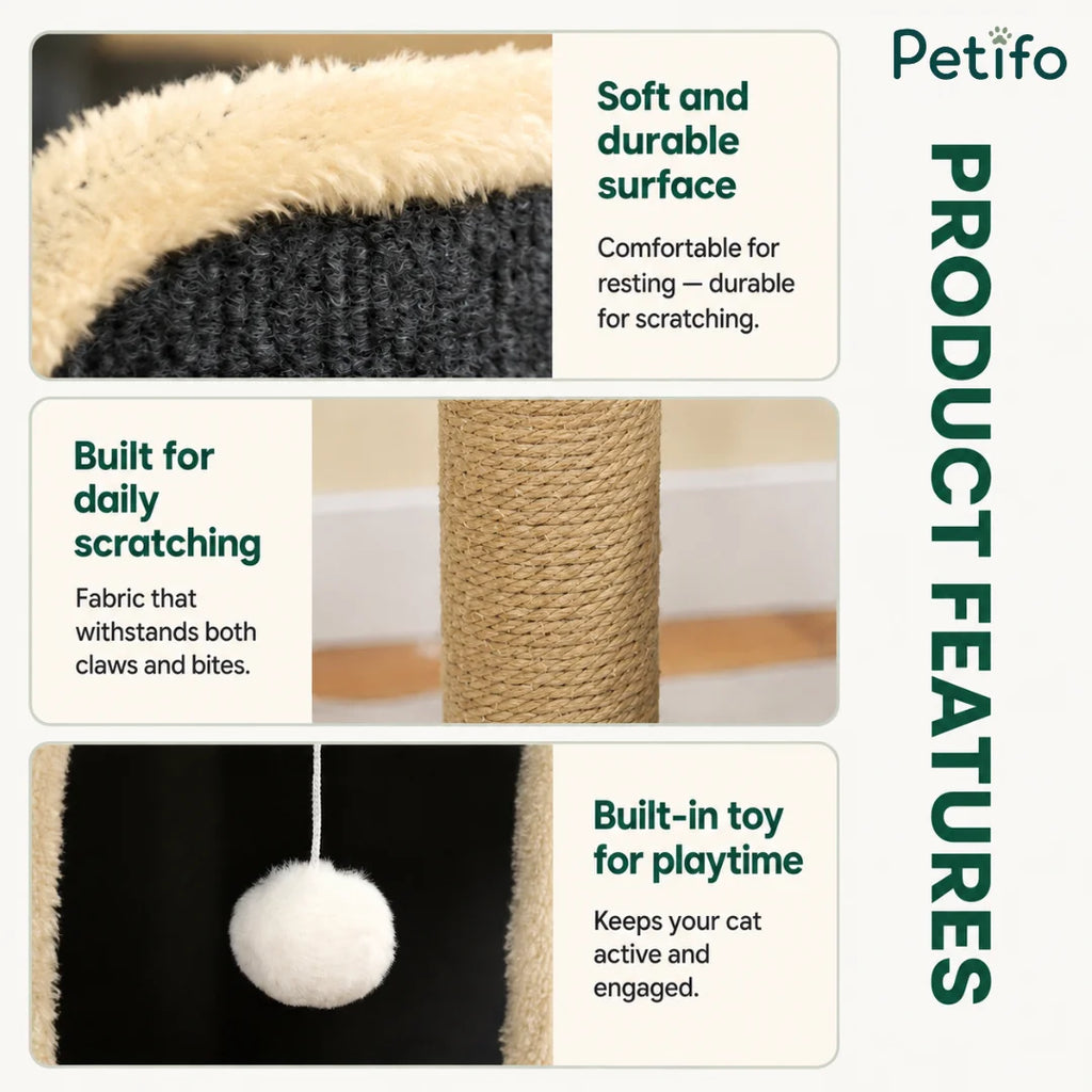 Product feature infographic showing the Petifo cat house's soft surface, durable scratching fabric, and integrated toy.