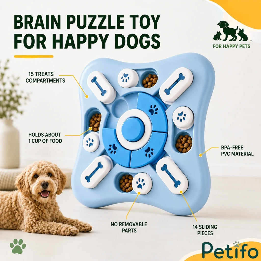 Feature diagram highlighting 15 treat compartments and 14 sliding pieces of Petifo dog puzzle toy