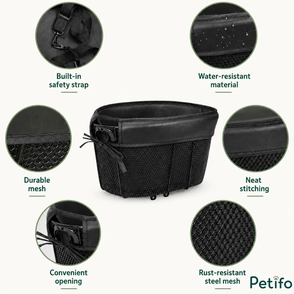 Feature breakdown infographic showcasing the Petifo basket's water-resistant material, rust-resistant steel mesh, durable construction, and neat stitching.