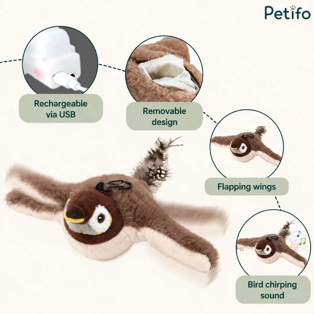  A feature breakdown graphic for the Petifo interactive bird toy highlighting its USB rechargeable design, removable inner mechanism, flapping wings, and bird chirping sound effects.