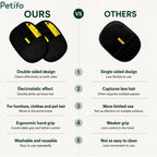Feature comparison graphic contrasting the Petifo double-sided hair removal gloves against standard alternatives across five key categories including design, electrostatic effect, application range, grip, and washability.