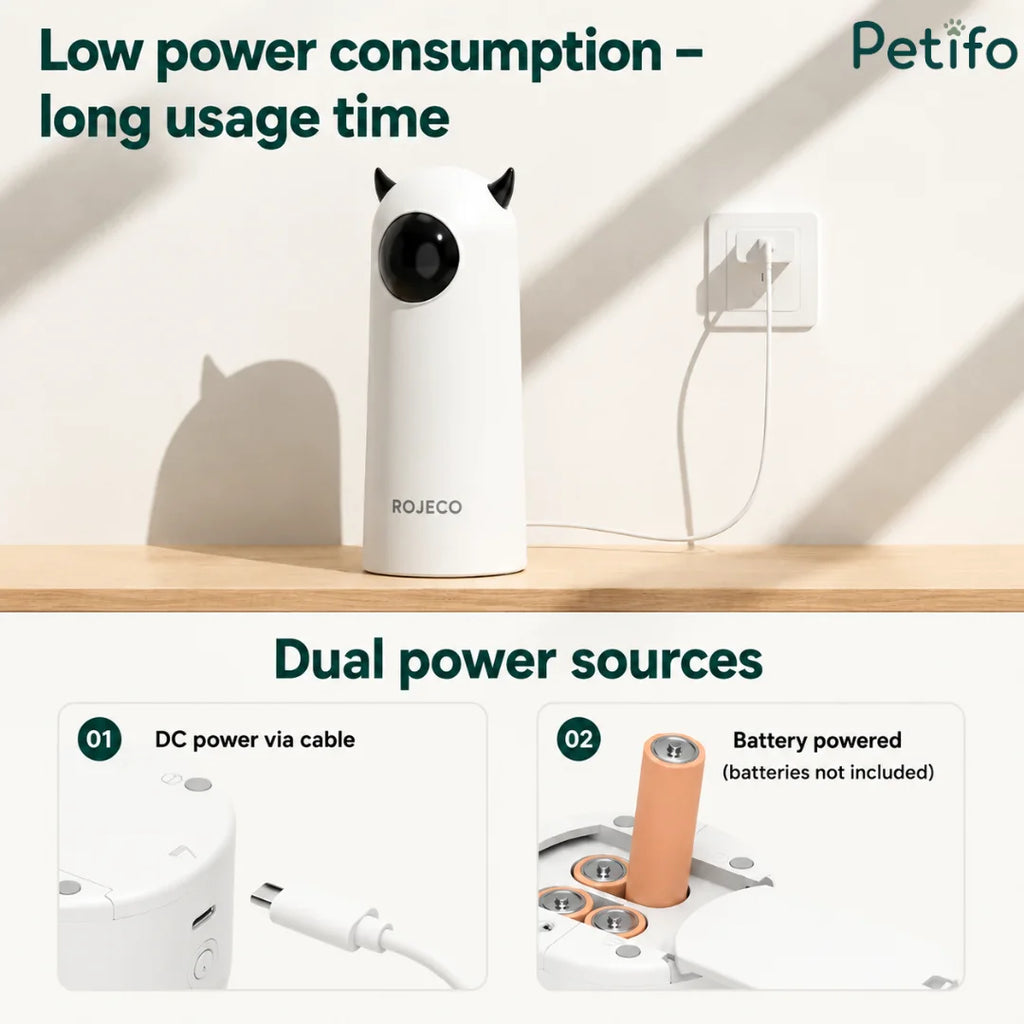 A product feature graphic detailing dual power sources for the Rojeco laser toy, highlighting DC power via cable and battery-powered options.
