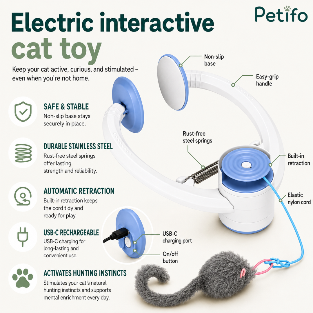  Detailed feature breakdown of the electric interactive cat toy including USB-C charging, rust-free springs, and non-slip base.