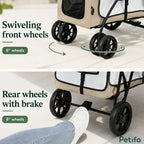 Feature infographic detailing the Petifo pet stroller's 6-inch swiveling front wheels and 8-inch rear wheels with a foot brake.