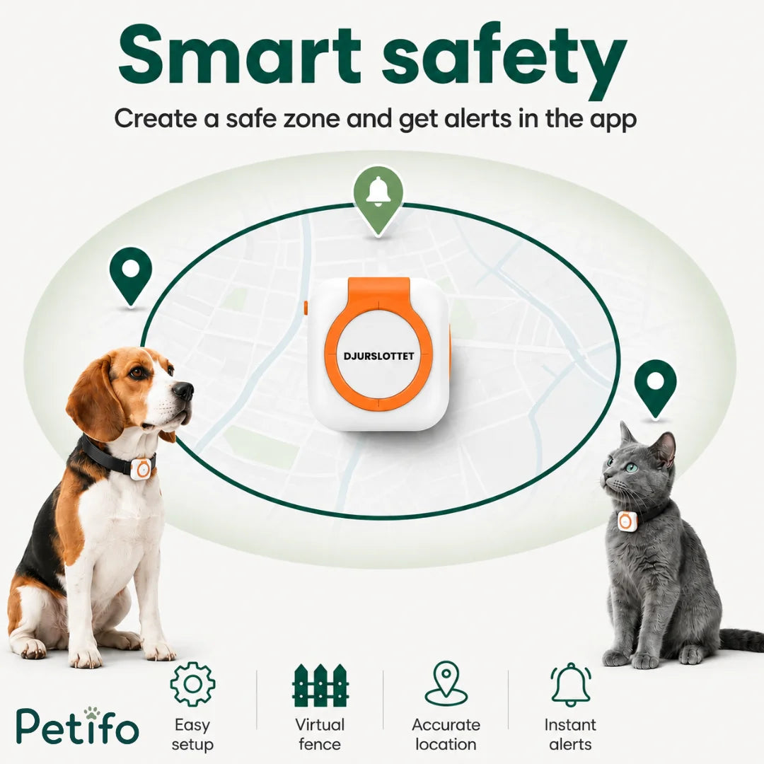 Illustration of the Petifo smart safety feature showing a dog and cat within a virtual fence map that provides accurate location tracking and instant alerts.