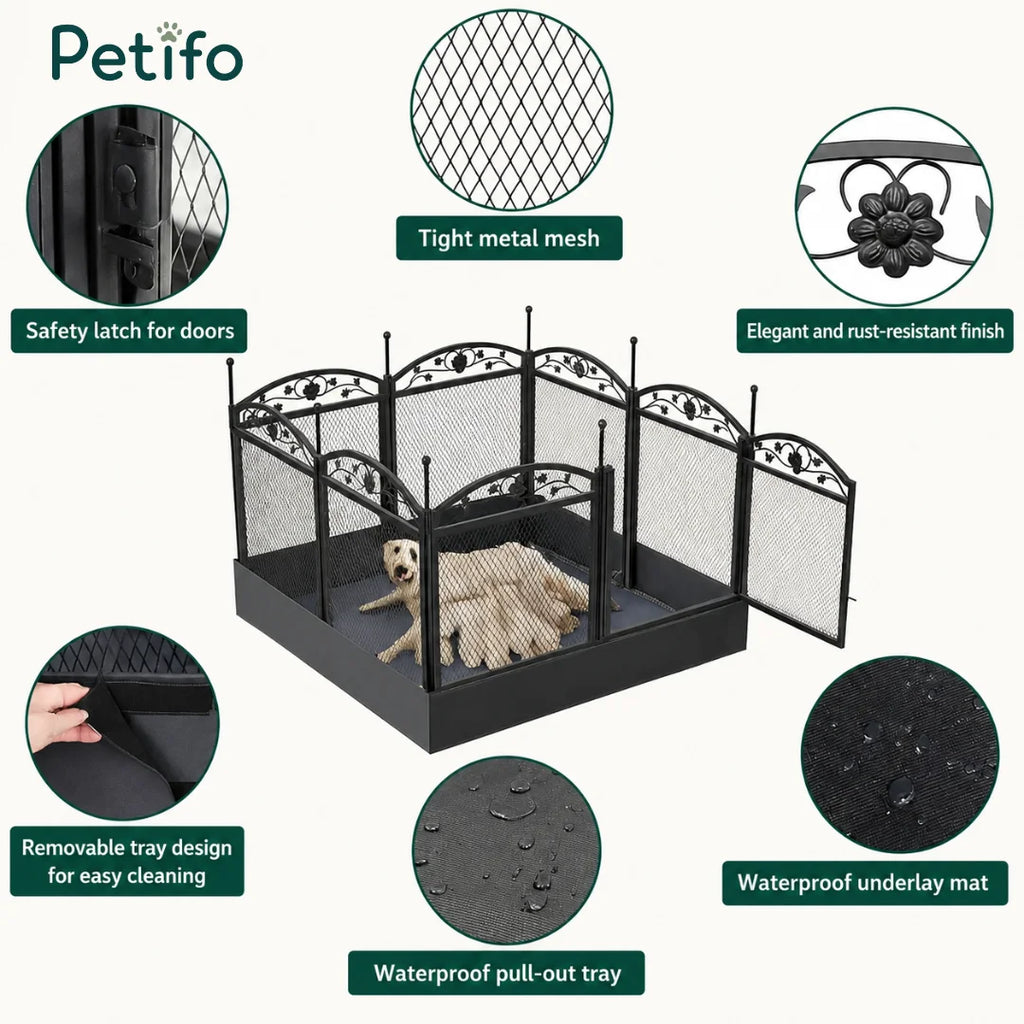 Detailed feature overview of the Petifo metal dog playpen, highlighting its safety latch, rust-resistant finish