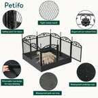 Detailed feature overview of the Petifo metal dog playpen, highlighting its safety latch, rust-resistant finish