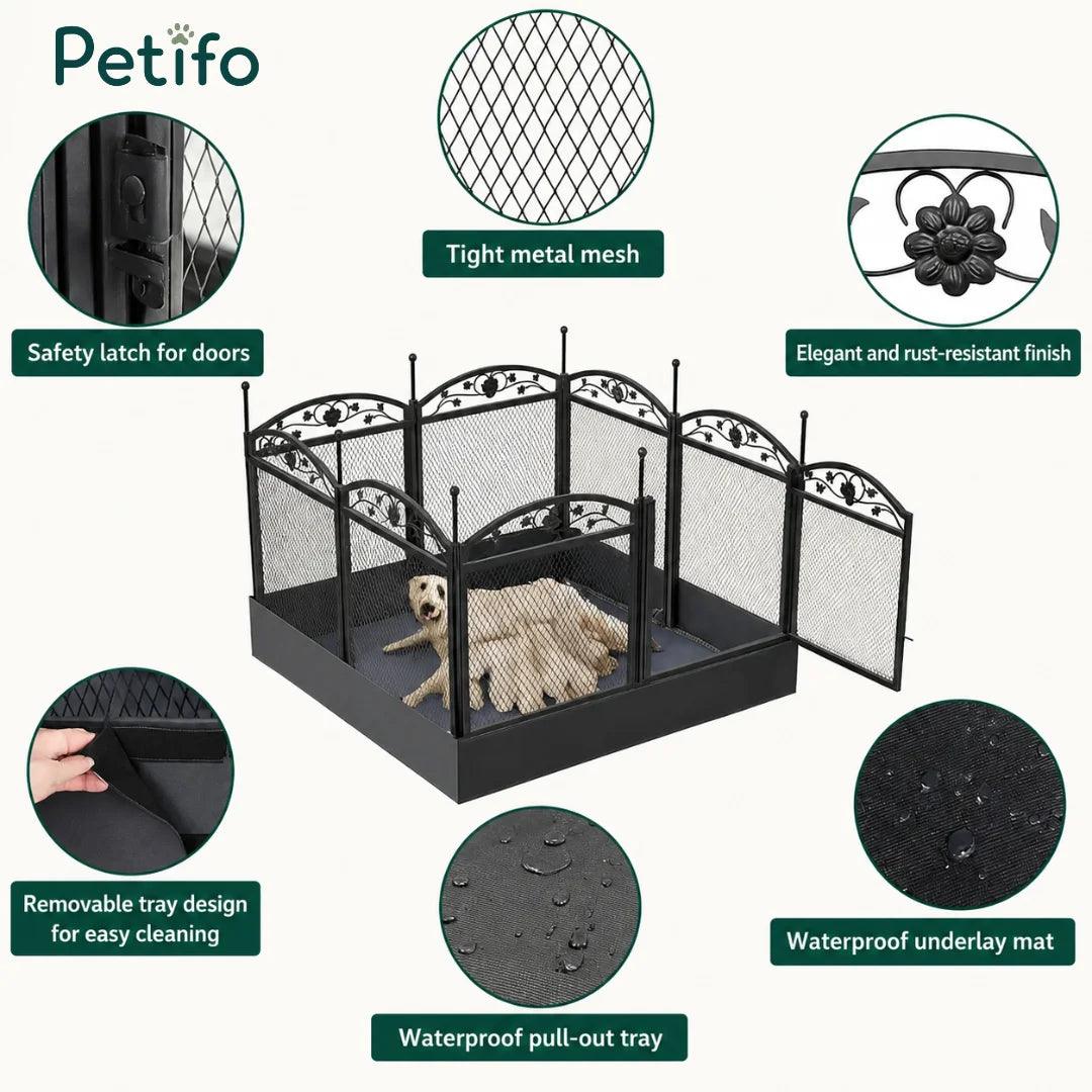 Detailed feature overview of the Petifo metal dog playpen, highlighting its safety latch, rust-resistant finish