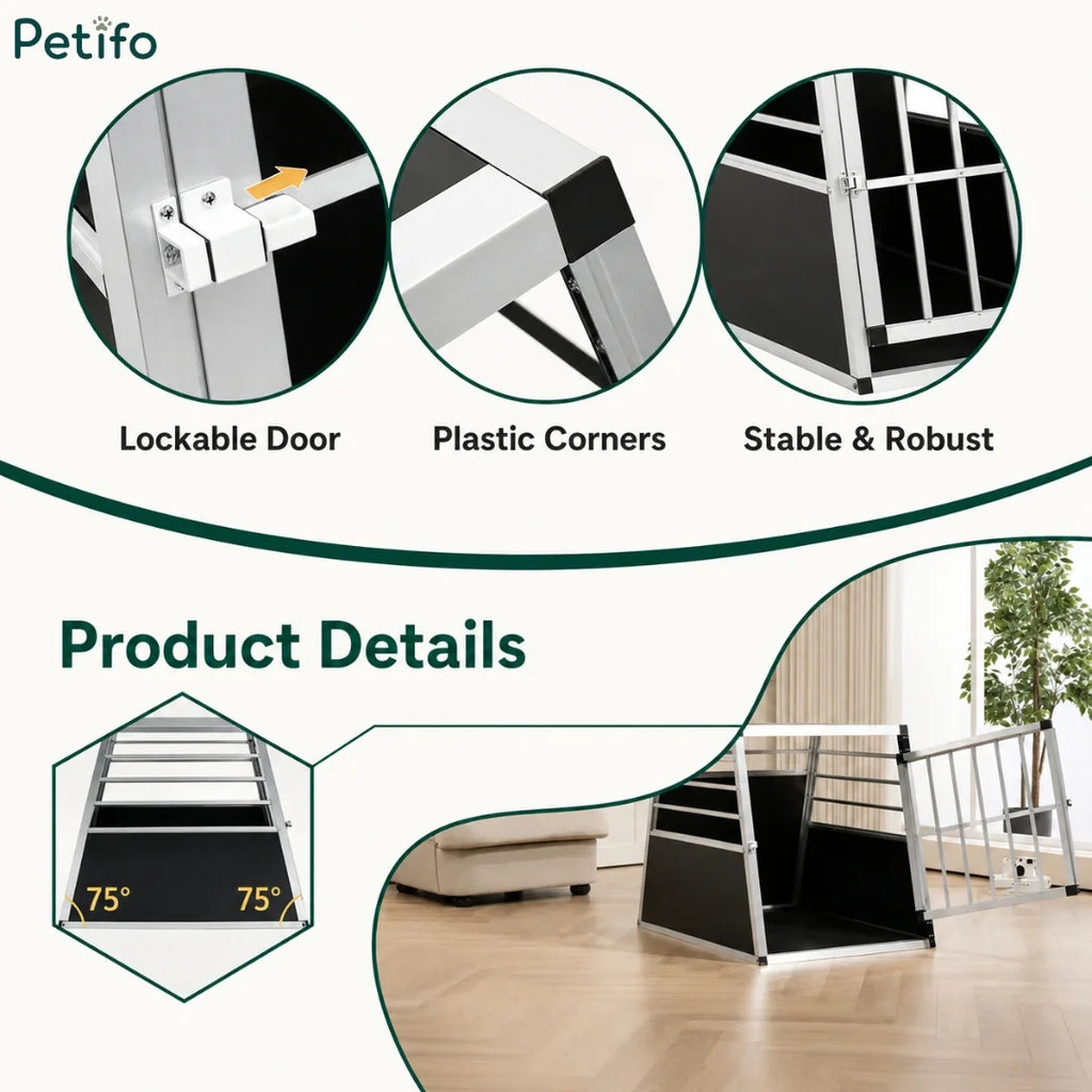 Product features infographic showing lockable door, plastic corners, and sturdy construction of Petifo dog crate.