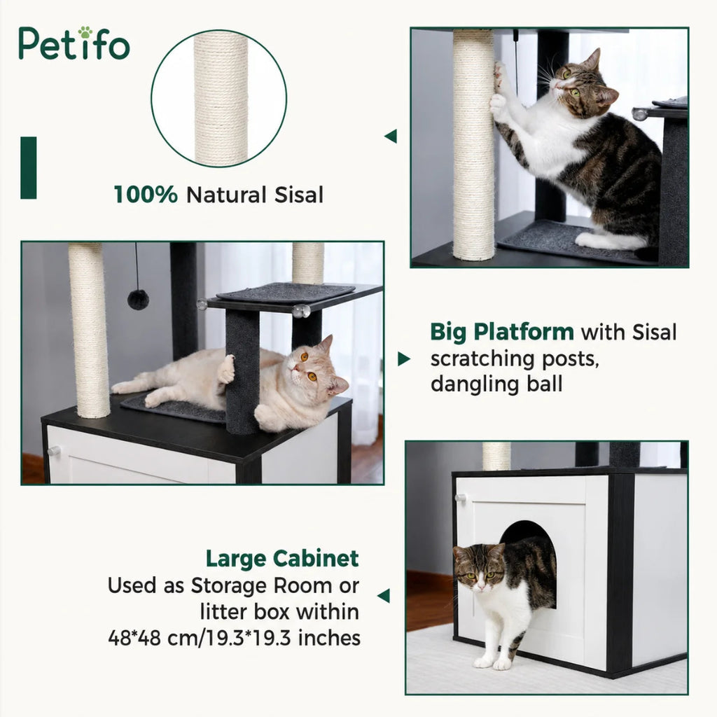 Features of the Petifo cat tree including 100% natural sisal scratching posts, a large activity platform, and a versatile bottom cabinet suitable for storage or a litter box.