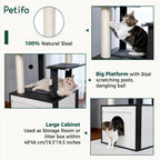 Features of the Petifo cat tree including 100% natural sisal scratching posts, a large activity platform, and a versatile bottom cabinet suitable for storage or a litter box.