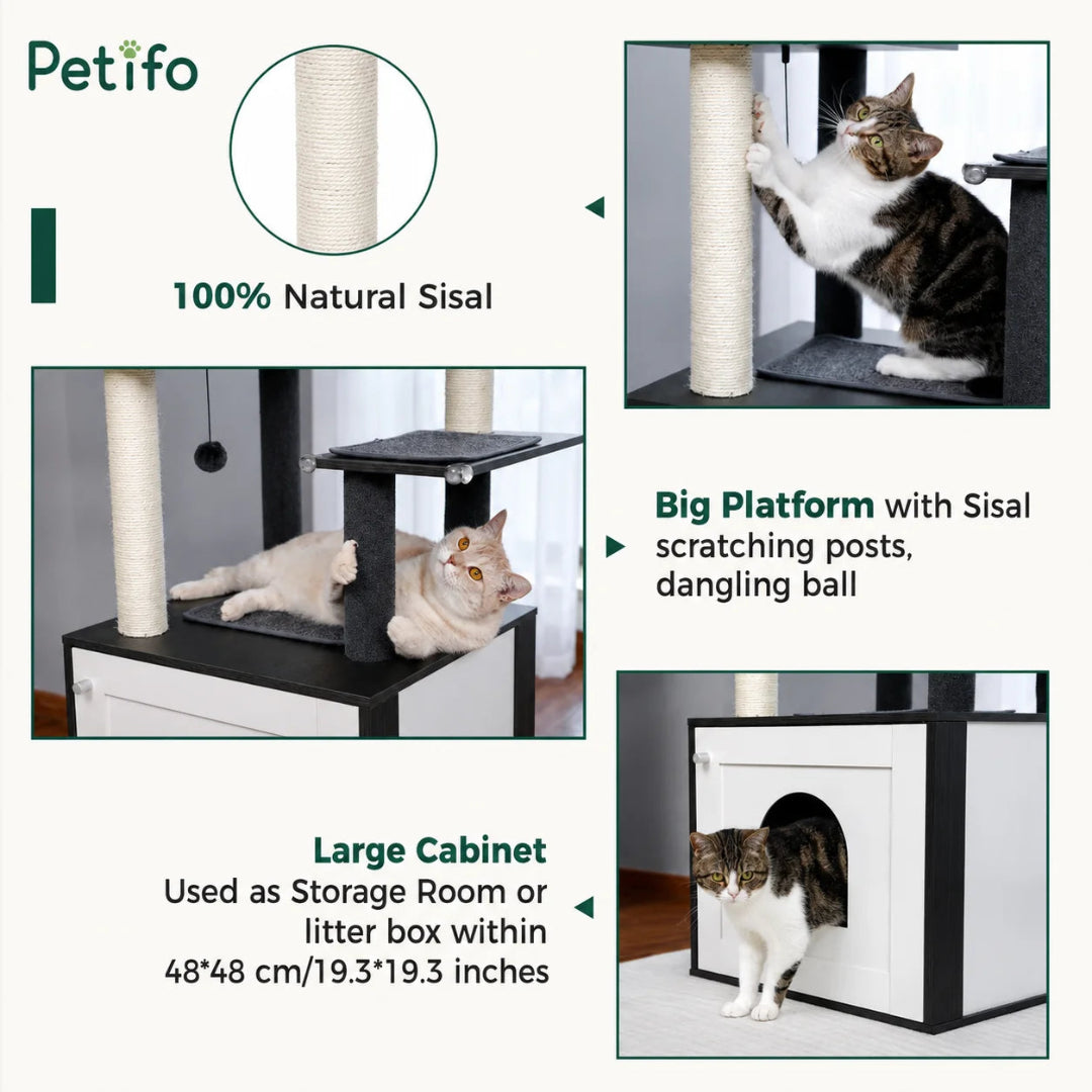 Features of the Petifo cat tree including 100% natural sisal scratching posts, a large activity platform, and a versatile bottom cabinet suitable for storage or a litter box.