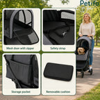 Features diagram of Petifo dog stroller highlighting the safety strap, storage pocket, and removable cushion.