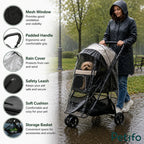 Product features infographic of the rain-proof Petifo dog stroller.